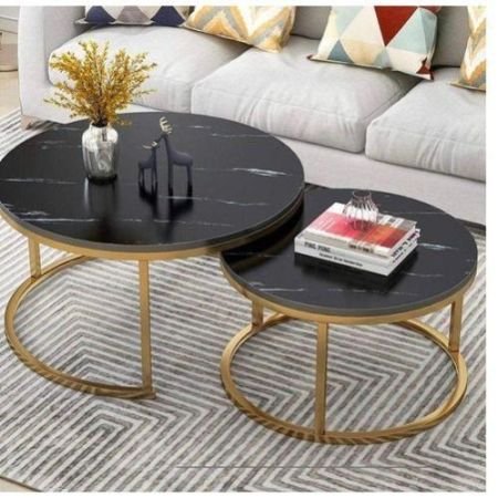 Set of 2, Nest of Tables MDF with Marble effect l White Modern Coffee Table Round Sofa Side Occasional End Table Living Room Balcony l Nesting Tables (1 Large and 1 Small)