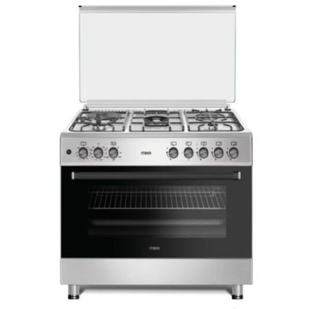 MIKA Standing Cooker, 90cm x 60cm, 4 Gas Pool Jet Burners (1 Wok) + 1 RAPID Hot Plate, FLAME FAILURE SAFETY, Auto Ignition, 10 Function Full 90cm Electric Oven (Air Fry+Convection Fan), Rotisserie, Half Inox MST9041WEF10HI