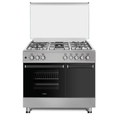 MIKA Standing Cooker, 90cm x 60cm, 4 Gas Pool Jet Burners (1 Wok) + 1 RAPID Hot Plate, FLAME FAILURE SAFETY, Auto Ignition, 6 Function Electric Oven (Convection Fan), GAS CYLINDER CABINET, Rotisserie, Half Inox MST9041WEG6HI