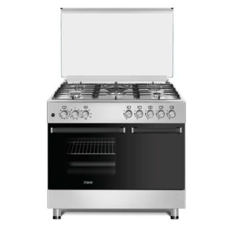 MIKA Standing Cooker, 90cm x 60cm, 5 Gas Pool Jet Burners (1 Wok), FLAME FAILURE SAFETY, Auto Ignition, 10 Function Electric Oven (Air Fry+Convection Fan), GAS CYLINDER CABINET, Rotisserie, Half Inox MST905G2WEG10HI